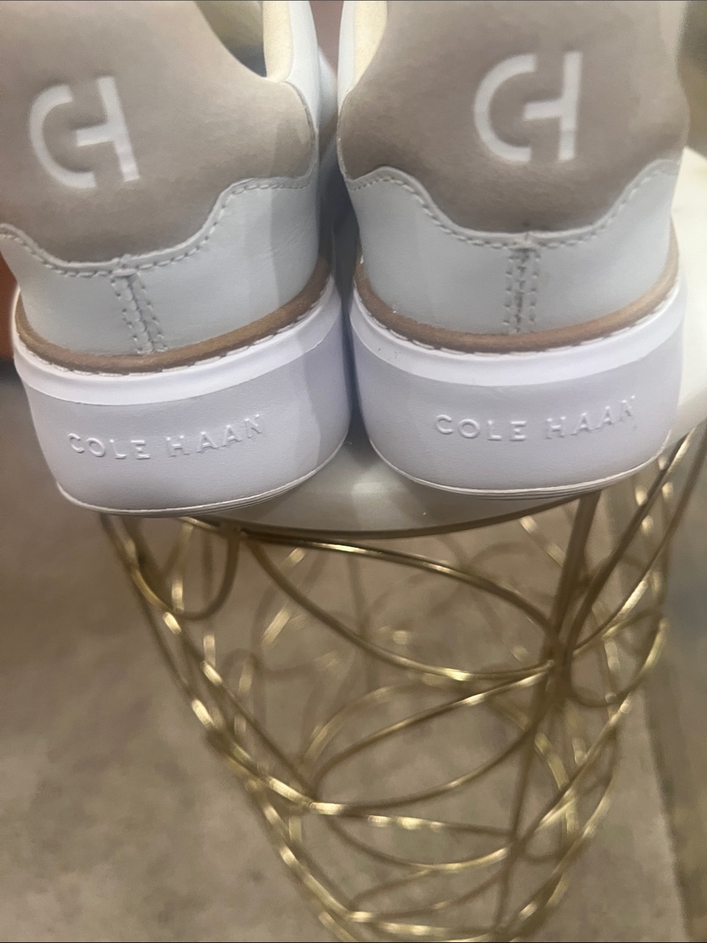 Cole Haan White Leather Sneakers with Yellow Insoles and Brown Trim - Picture 4 of 5